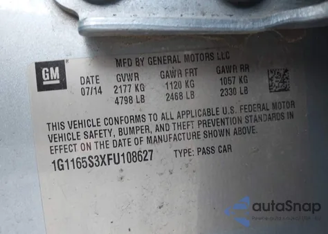 2015 Chevrolet Impala 2Lz from USA, damaged, VIN 1G1165S3XFU108627